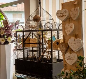 Ein Vogelkäfig in einem Blumenladen mit einem Herz darauf. {{brizy_dc_image_alt imageSrc=